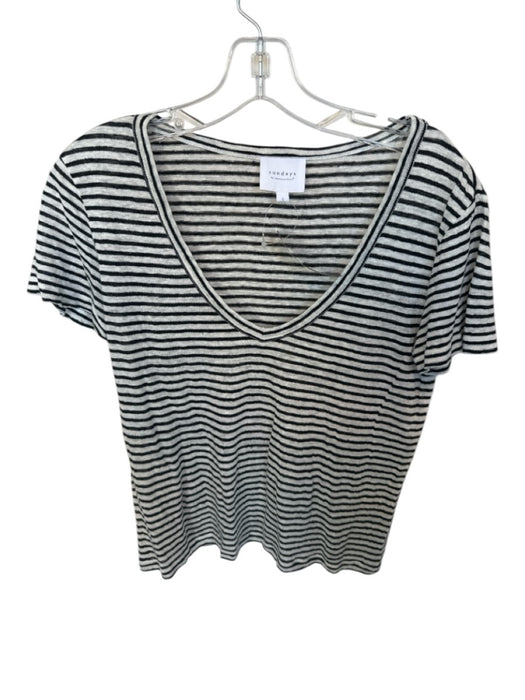 Sundays Size S White & Black Linen Short Sleeve Striped V Neck Top White & Black / S