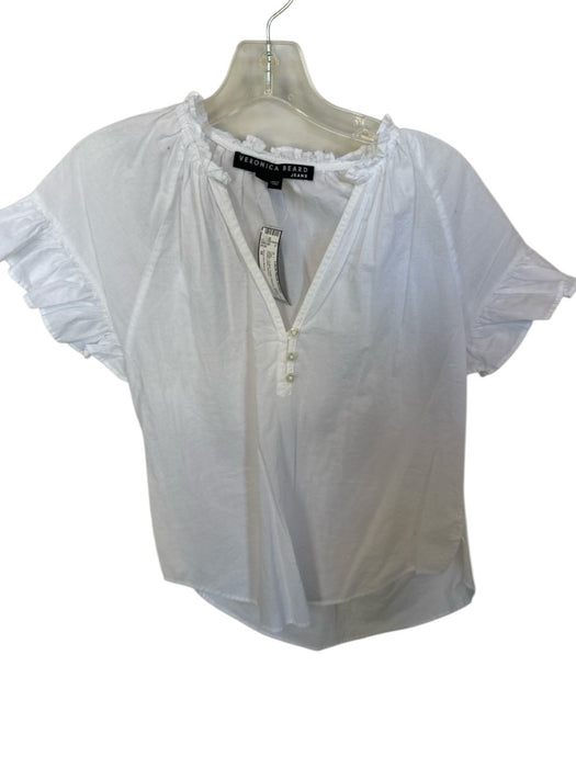 Veronica Beard Size M White Cotton Flutter Sleeves Buttons Ruffle collar Top White / M