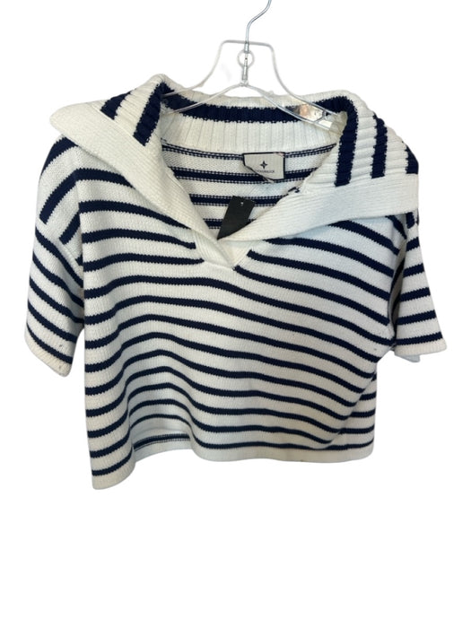 Tuckernuck Size S White & Navy Cotton Short Sleeve Striped Knit Collar Sweater White & Navy / S