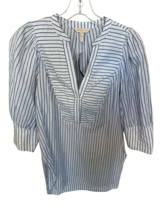 Rebecca Taylor Size M White & Blue Cotton & Linen Long Balloon Sleeve Top White & Blue / M
