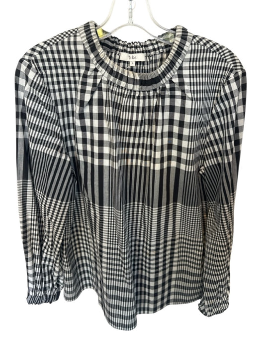 Tibi Size 6 White & Black Cotton Long Balloon Sleeve Plaid Drawstring Neck Top White & Black / 6