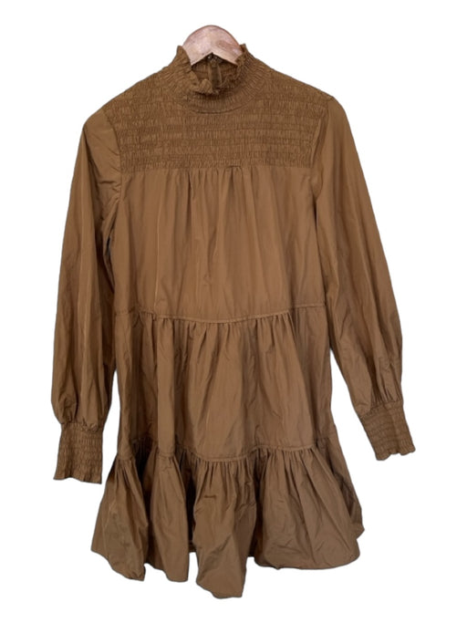 Veronica Beard Size 6 Brown Cotton Long Balloon Sleeve Rouched Mock Neck Dress Brown / 6