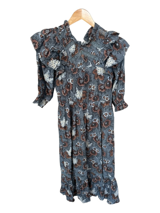 Sea New York Size M Blue & Brown Cotton Flutter Sleeves Flowers Maxi Dress Blue & Brown / M