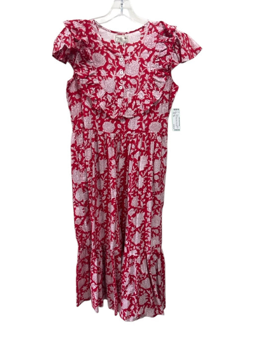Mille Size XS Red & White Cotton Ruffle Cap Sleeve Floral Quarter Button Dress Red & White / XS