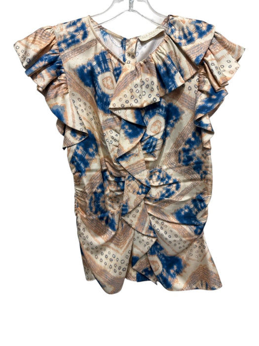 Ulla Johnson Size 4 Orange, Blue, Cream Silk Ruffle Cap Sleeve Ruffle Front Top Orange, Blue, Cream / 4