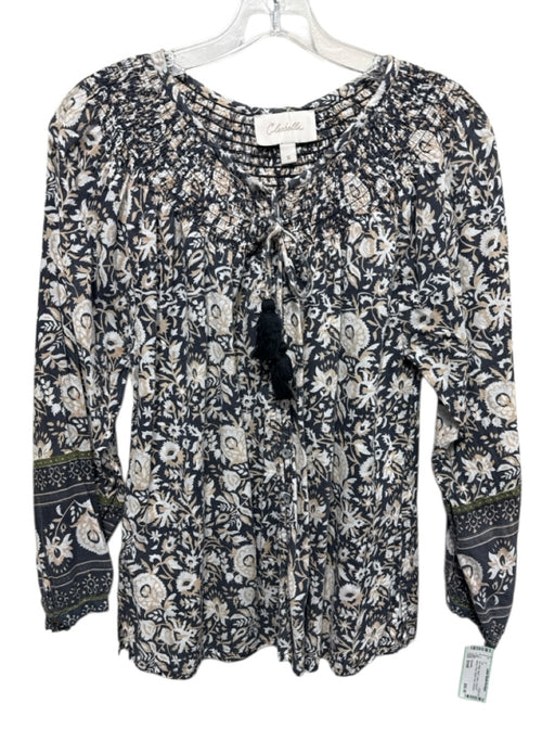 Cleobella Size Small Tan, White, Black Cotton Long puff sleeve Floral Top Tan, White, Black / Small
