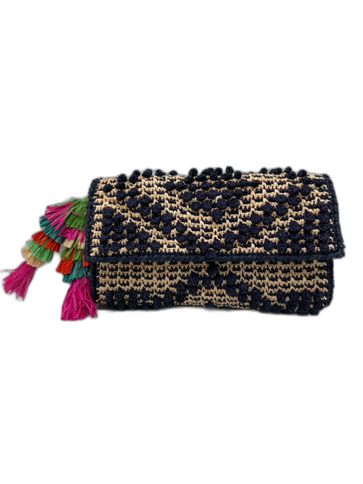 Mar Y Sol Navy Blue & Beige Straw Flag Knotted Magnetic Close Clutch Bag Navy Blue & Beige / Small