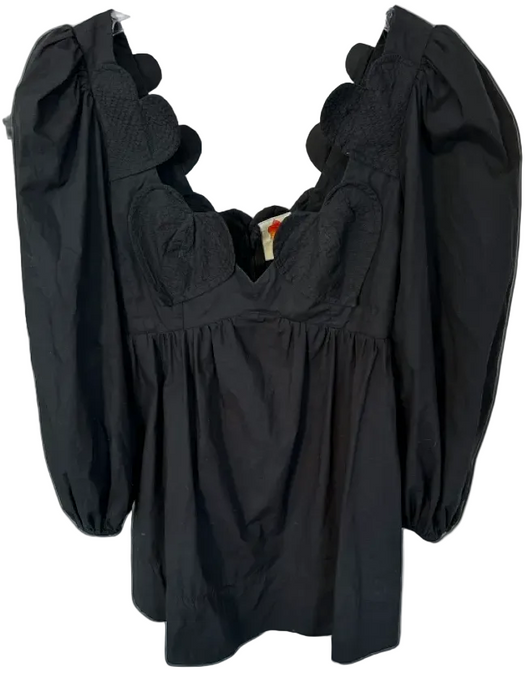 Farm Rio Size M Black Cotton Long Balloon Sleeve Hearts Back Zip Dress Black / M