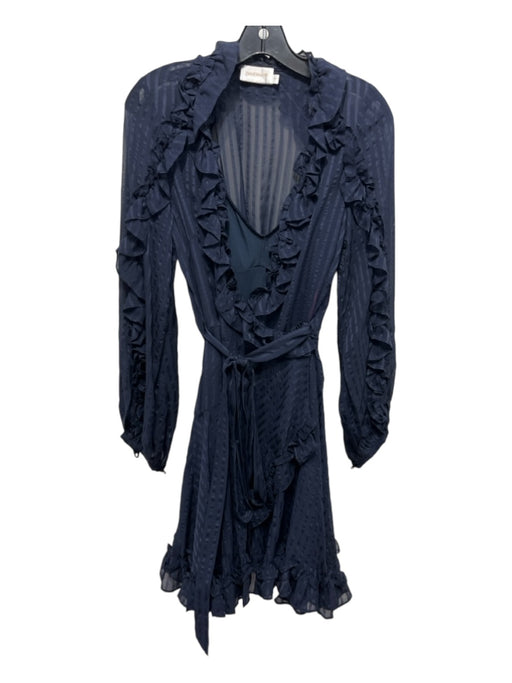 Zimmermann Size 0 Navy Blue Silk Ruffle Trim Long Sleeve Knee Length Wrap Dress Navy Blue / 0