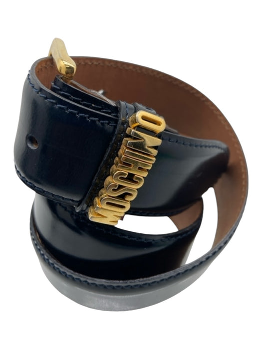 Moschino Navy Blue Polished Leather Gold Buckle Logo Waist Belt Belts Navy Blue / XS