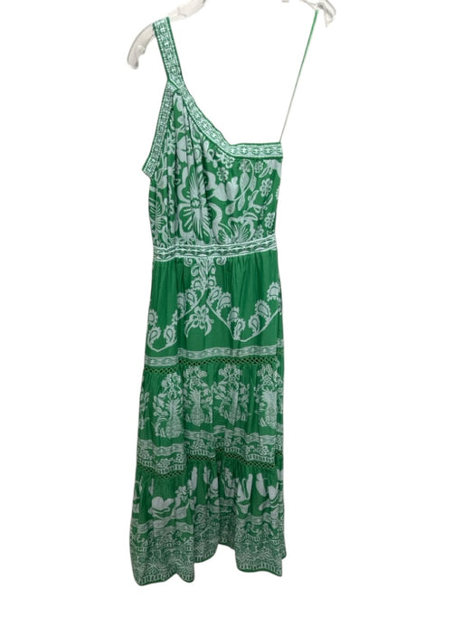 Farm Rio Size M Green & Gray One Shoulder Paisley Trim Detail Tiered Maxi Dress Green & Gray / M