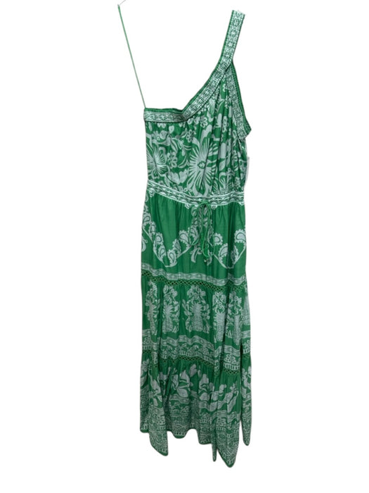 Farm Rio Size M Green & Gray One Shoulder Paisley Trim Detail Tiered Maxi Dress Green & Gray / M