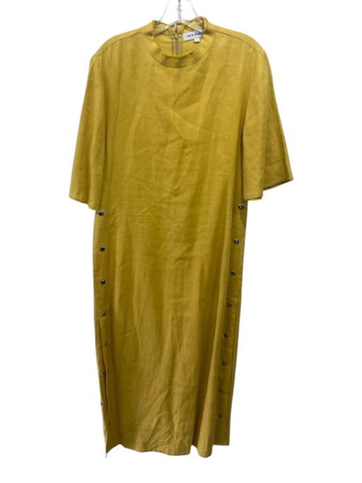 Nice Martin Size L Mustard Yellow Linen Short Sleeve Raw Edge Snap Detail Dress Mustard Yellow / L