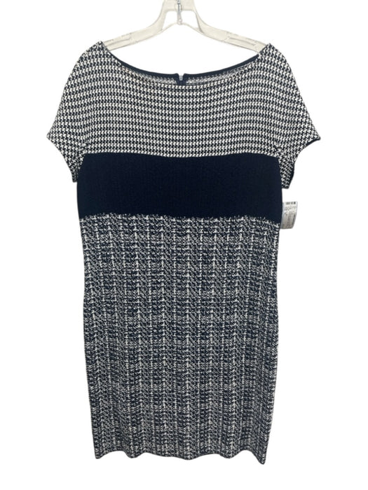 St. John Size 10 Navy & white Rayon & Wool Short Sleeve Houndstooth Tweed Dress Navy & white / 10