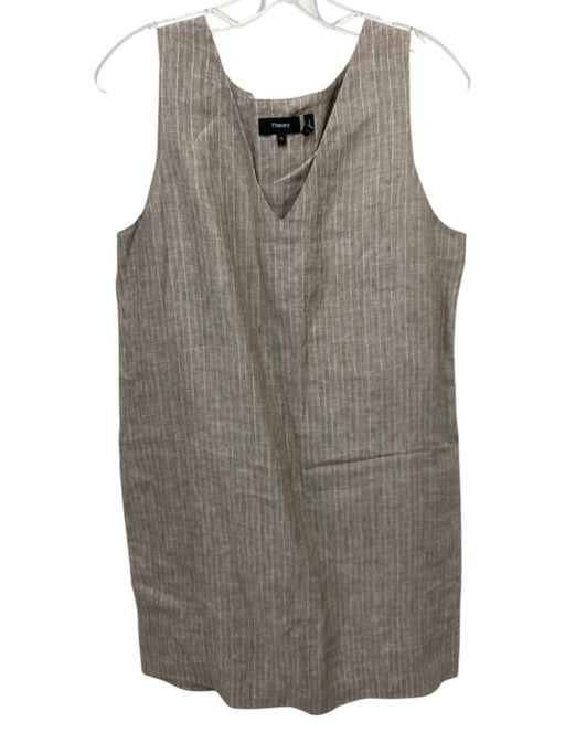 Theory Size 10 Brown & Tan Linen Sleeveless Striped Side Zip Shift Dress Brown & Tan / 10