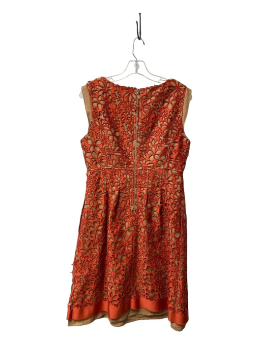 Lela Rose Size 10 Red & Tan Linen Round Neck Sleeveless Back Zip Laser cut Dress Red & Tan / 10