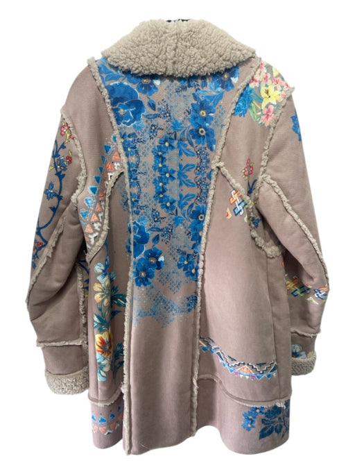 Johnny Was Size M Beige & Blue Print Faux Suede Fleece Lining Floral Coat Beige & Blue Print / M