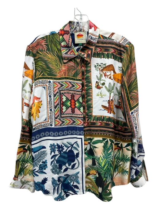 Farm Rio Size S Green, White, Orange, Blue Viscose Collar Tropical Button Top Green, White, Orange, Blue / S