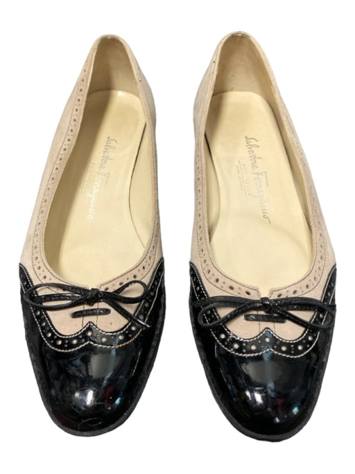 Salvatore Ferragamo Shoe Size 7.5 Taupe & Black Suede Patent Leather Flat Shoes Taupe & Black / 7.5