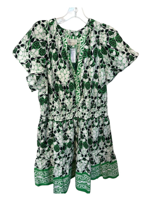 By Anthropologie Size 1X Green & Black Cotton Short Balloon Sleeve V Neck Dress Green & Black / 1X