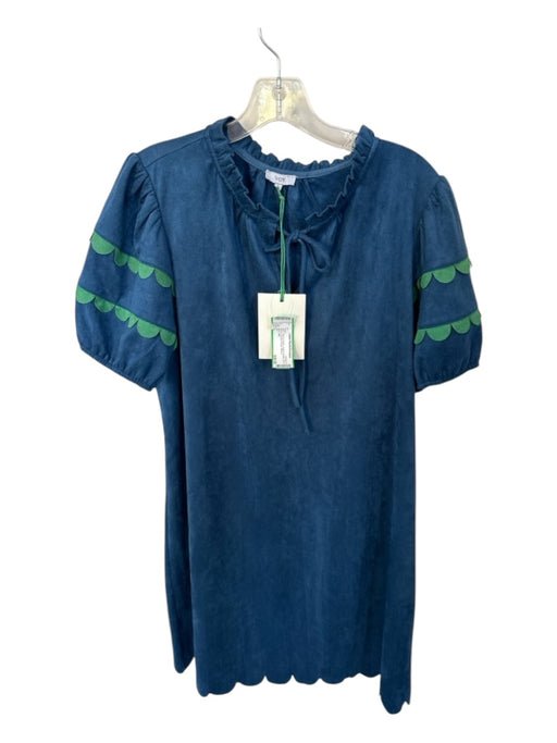 Voy Size L Navy & Green Vegan Suede Short Sleeve Scallop Detail Dress Navy & Green / L