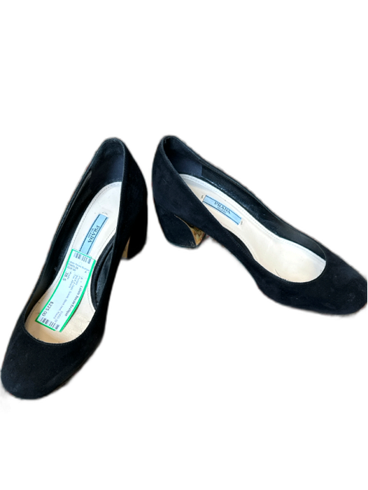 Prada Shoe Size 38.5 Black & Gold Suede Block Heel Round Toe Pumps Black & Gold / 38.5