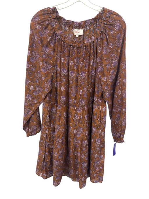 XiRENA Size M Brown & Purple Cotton & Silk Floral Wide Neck Tiered Dress Brown & Purple / M