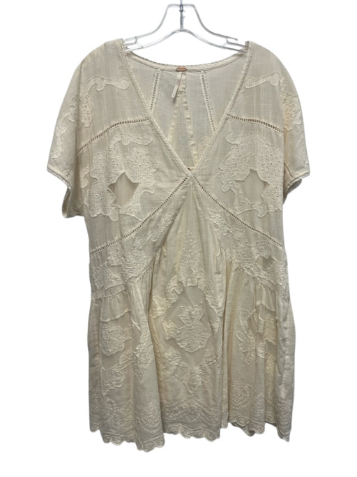 Free People Size M Cream Viscose Eyelet Lace Detail Cap Sleeve Babydoll Dress Cream / M