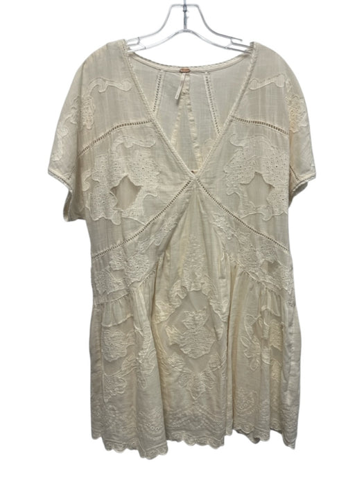 Free People Size M Cream Viscose Eyelet Lace Detail Cap Sleeve Babydoll Dress Cream / M