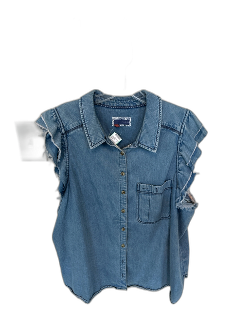 Pilcro Size 2X Med Light Wash Cotton Short Sleeve Raw Hem Button Down Denim Top Med Light Wash / 2X