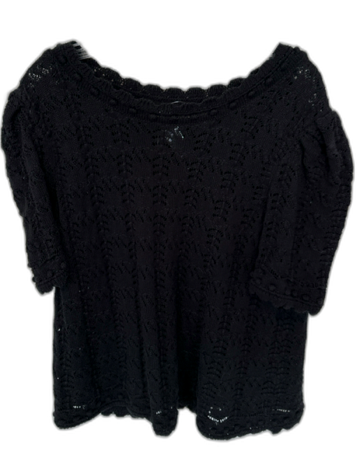 By Anthropologie Size 2X Black Cotton Short Sleeve Crochet Pom Pom Top Black / 2X