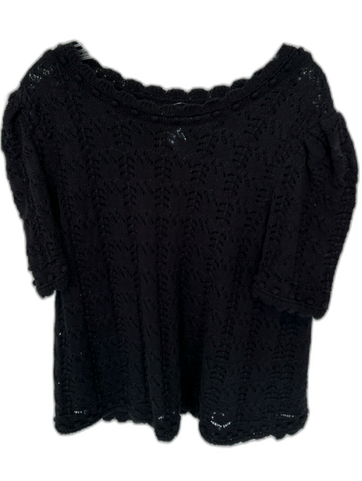 By Anthropologie Size 2X Black Cotton Short Sleeve Crochet Pom Pom Top Black / 2X