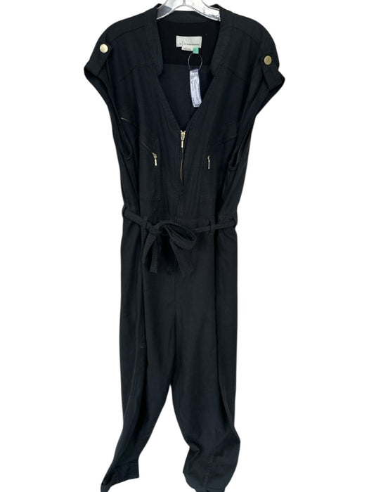 By Anthropologie Size 1X Black Cap Sleeve Front Zip Zipper Pockets Jumper Black / 1X