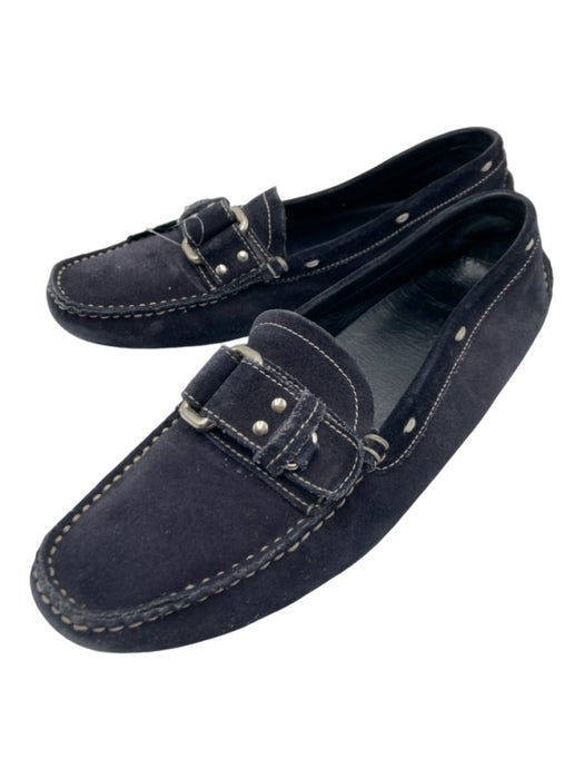 Prada Shoe Size 39.5 Navy Suede Silver Hardware Contrast Stiching Buckle Loafers Navy / 39.5