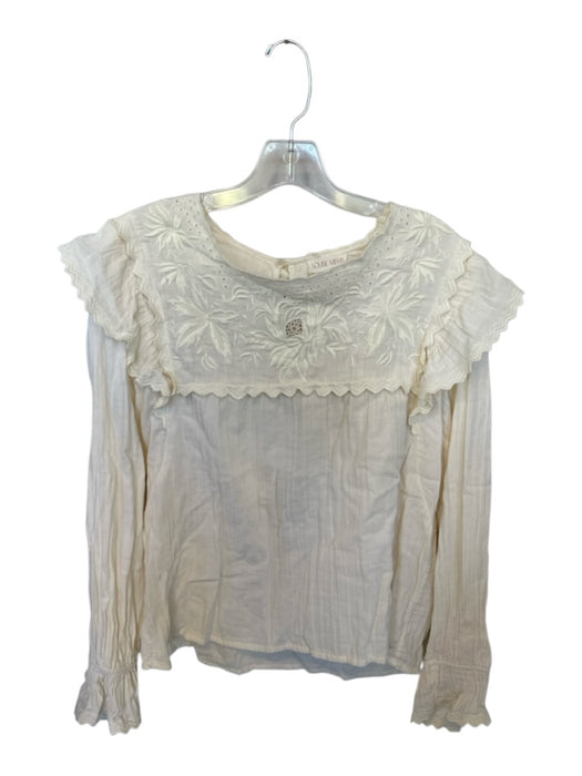 Louise Misha Size 40 Cream Cotton Long Sleeve Bib Ruffles Crinkle Top Cream / 40