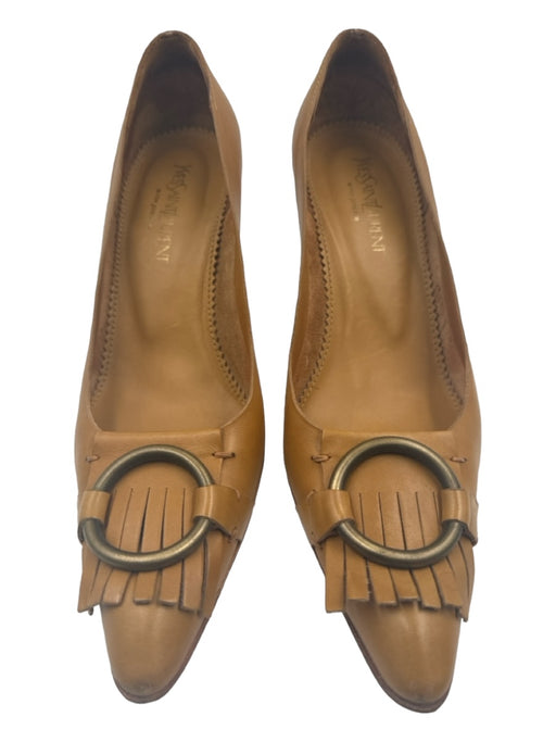Yves Saint Laurent Shoe Size 38.5 Tan Leather Metal Circle Charms Fringe Pumps Tan / 38.5