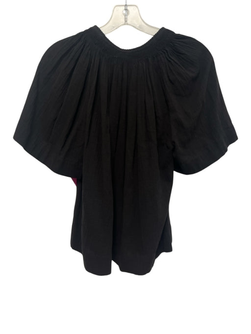 Vince Size S Black Cotton Gauze Short Sleeve Tassel V Neck Gathered Detail Top Black / S