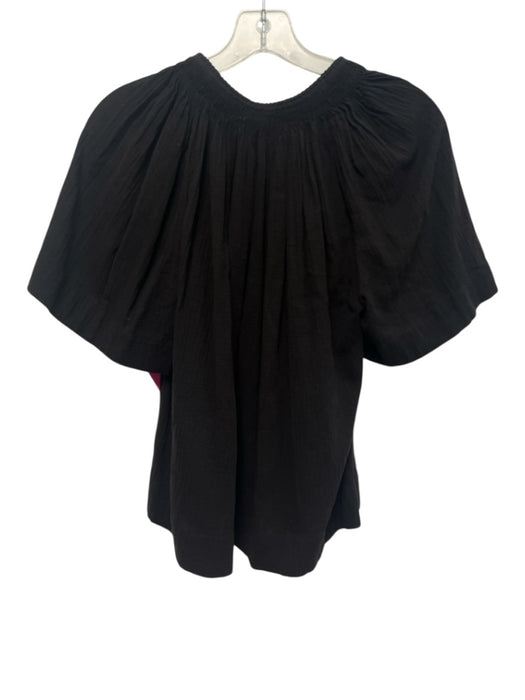 Vince Size S Black Cotton Gauze Short Sleeve Tassel V Neck Gathered Detail Top Black / S