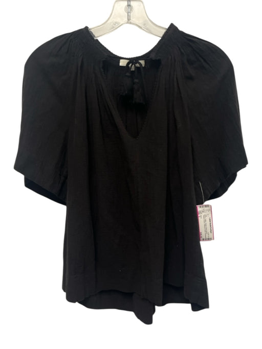 Vince Size S Black Cotton Gauze Short Sleeve Tassel V Neck Gathered Detail Top Black / S