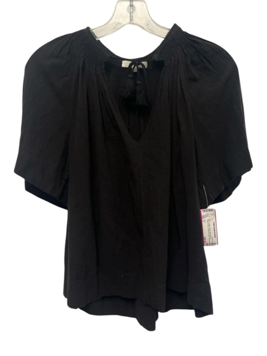 Vince Size S Black Cotton Gauze Short Sleeve Tassel V Neck Gathered Detail Top Black / S