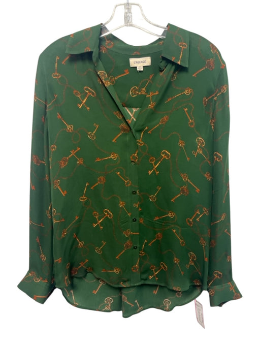 L'agence Size S Green & Brown Silk Key Print Long Sleeve Button Up Shirt Top Green & Brown / S