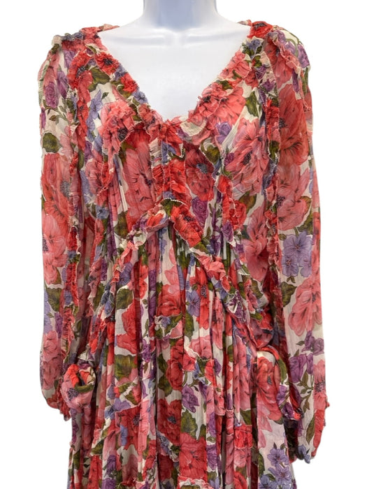 Zimmermann Size 2 White, Red & Purple Silk Floral Ruffle Tie Side Dress White, Red & Purple / 2