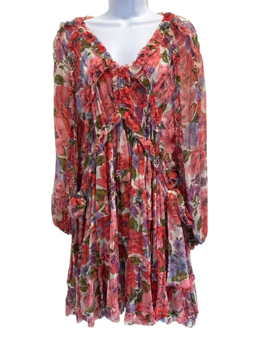 Zimmermann Size 2 White, Red & Purple Silk Floral Ruffle Tie Side Dress White, Red & Purple / 2