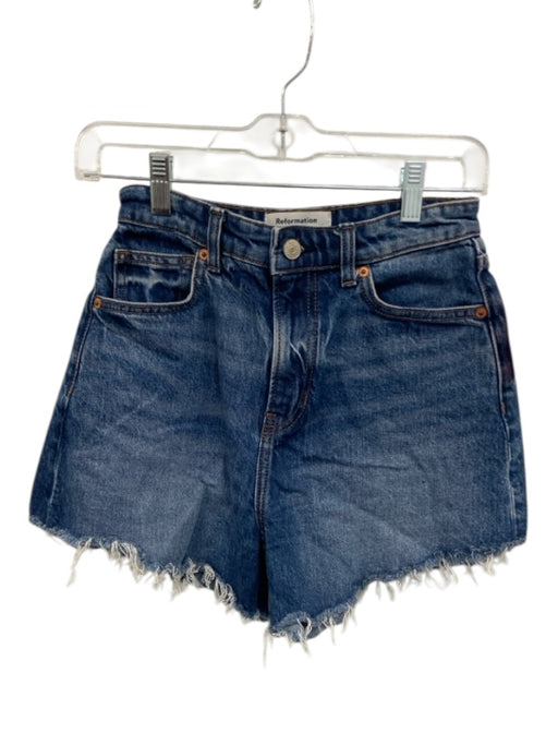 Reformation Jeans Size 26 Medium Wash Cotton Zip Fly Frayed Hem Back Zip Shorts Medium Wash / 26