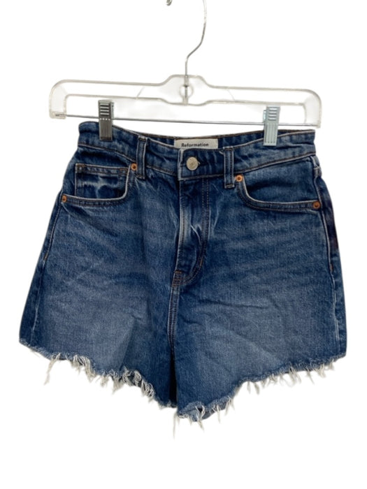 Reformation Jeans Size 26 Medium Wash Cotton Zip Fly Frayed Hem Back Zip Shorts Medium Wash / 26