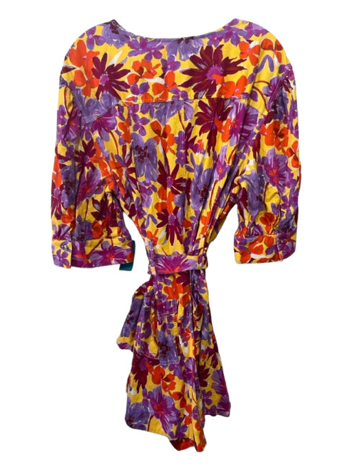 Tanya Taylor Size 14 Purple Yellow Red Cotton Floral Zip Front 1/2 sleeve Romper Purple Yellow Red / 14