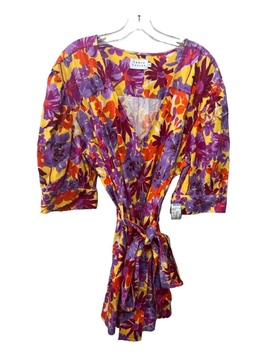 Tanya Taylor Size 14 Purple Yellow Red Cotton Floral Zip Front 1/2 sleeve Romper Purple Yellow Red / 14