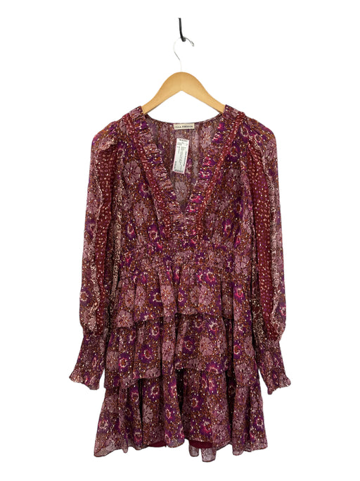 Ulla Johnson Size 2 Maroon & Brown Print Silk Blend Metallic Long Sleeve Dress Maroon & Brown Print / 2
