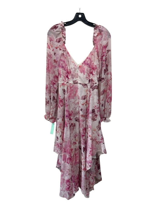 Saulee Size 0 Pink & White Polyester Ruffle Hem Floral Long Sleeve V Neck Dress Pink & White / 0