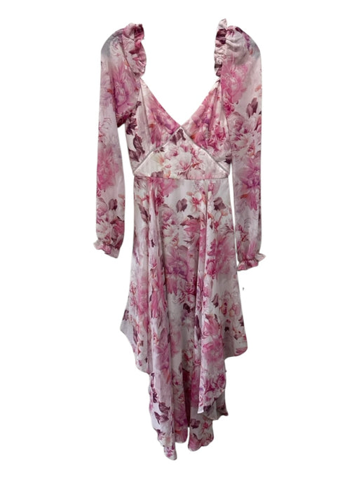Saulee Size 0 Pink & White Polyester Ruffle Hem Floral Long Sleeve V Neck Dress Pink & White / 0